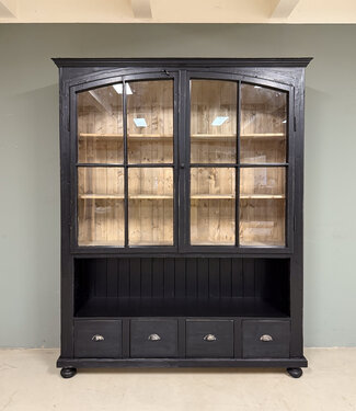 Oldwood Vintage schwarzes Sideboard mit altem Glas | Vitrine