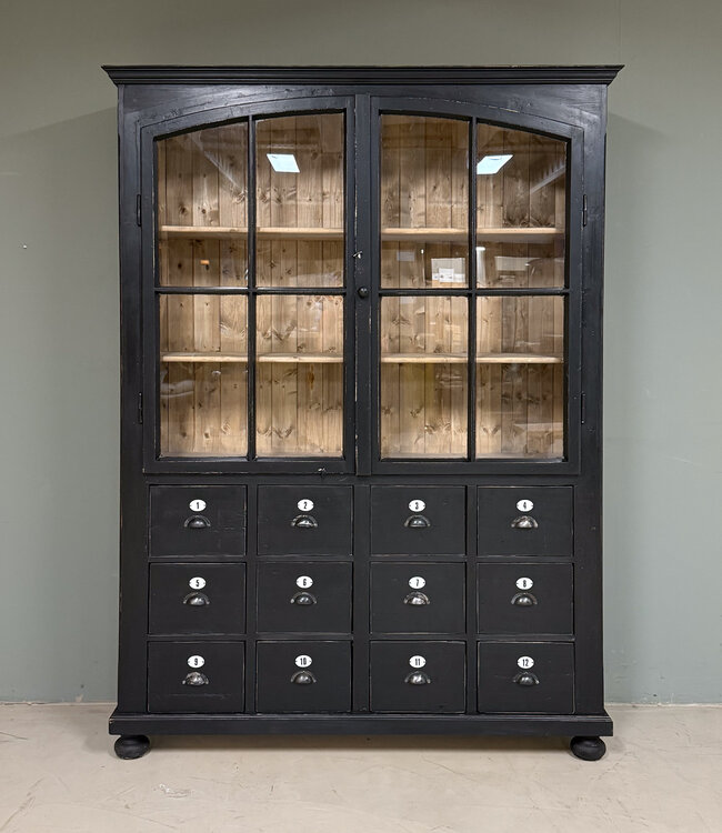 Black display cabinet with glass doors and 12 drawers | Sideboard