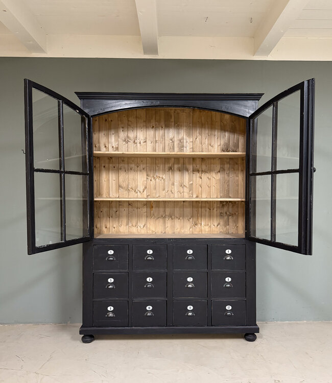 Black display cabinet with glass doors and 12 drawers | Sideboard