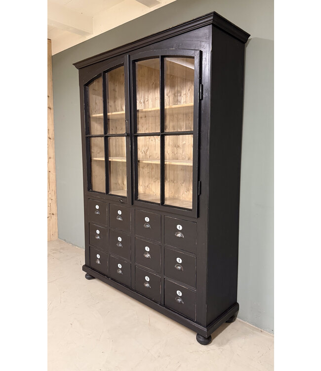 Black display cabinet with glass doors and 12 drawers | Sideboard