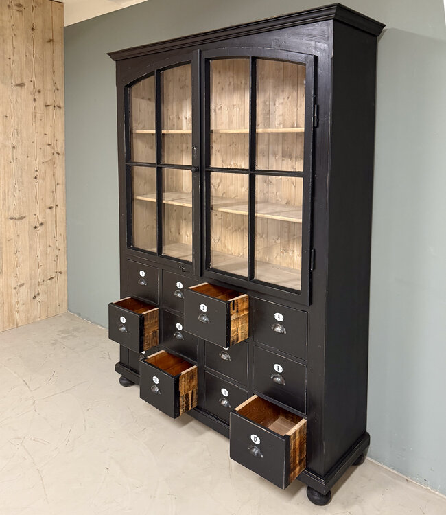 Black display cabinet with glass doors and 12 drawers | Sideboard