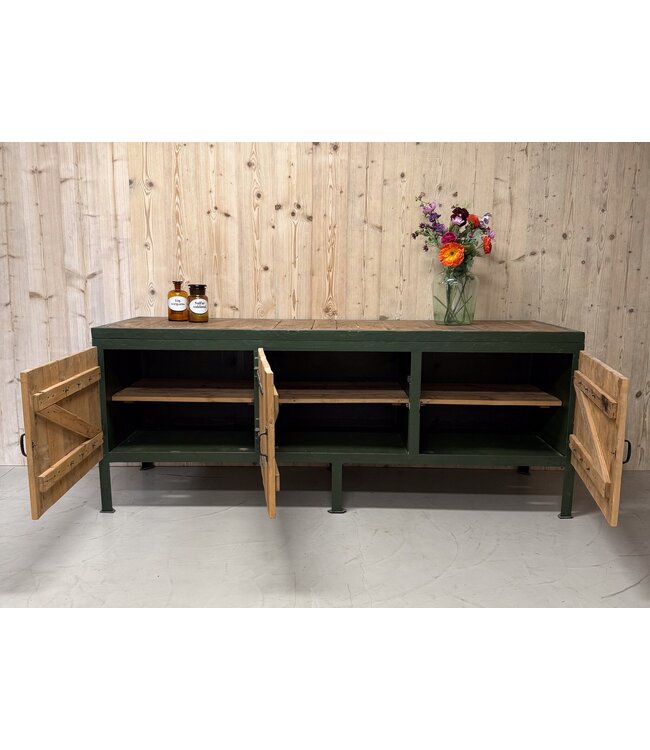 Industrial steel workbench with wooden doors