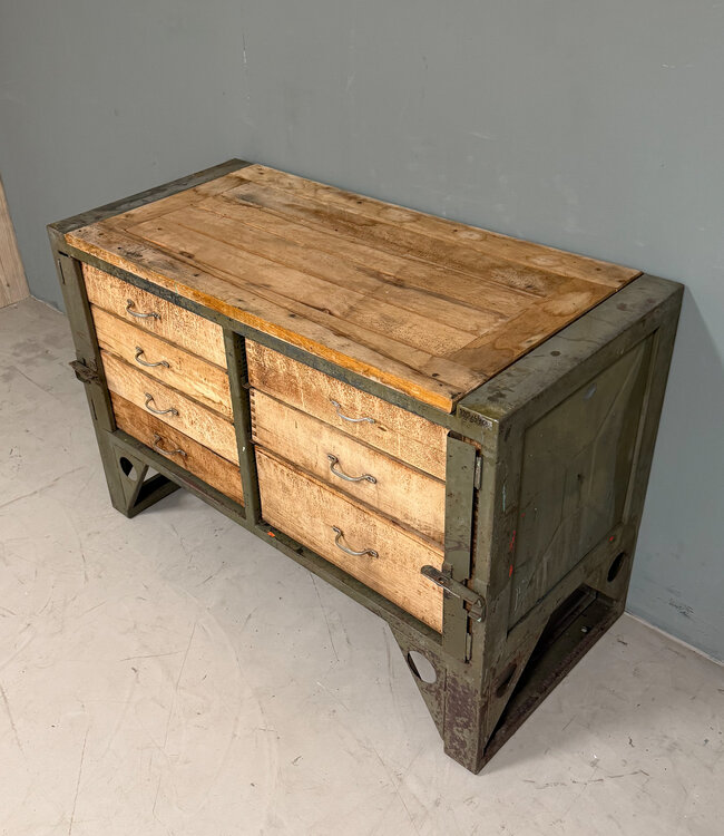 Vintage Werkbank aus Holz und Stahl mit Schubladen