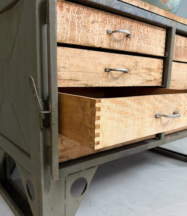 Vintage workbench wood and steel with drawers