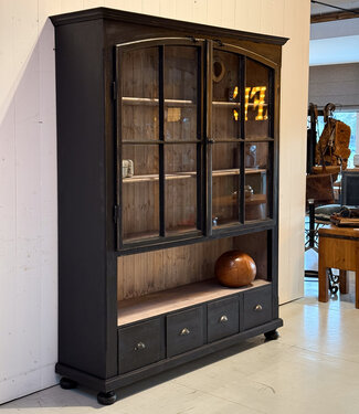 Oldwood Schwarzer Vintage-Vitrinenschrank mit altem Glas | Buffetschrank