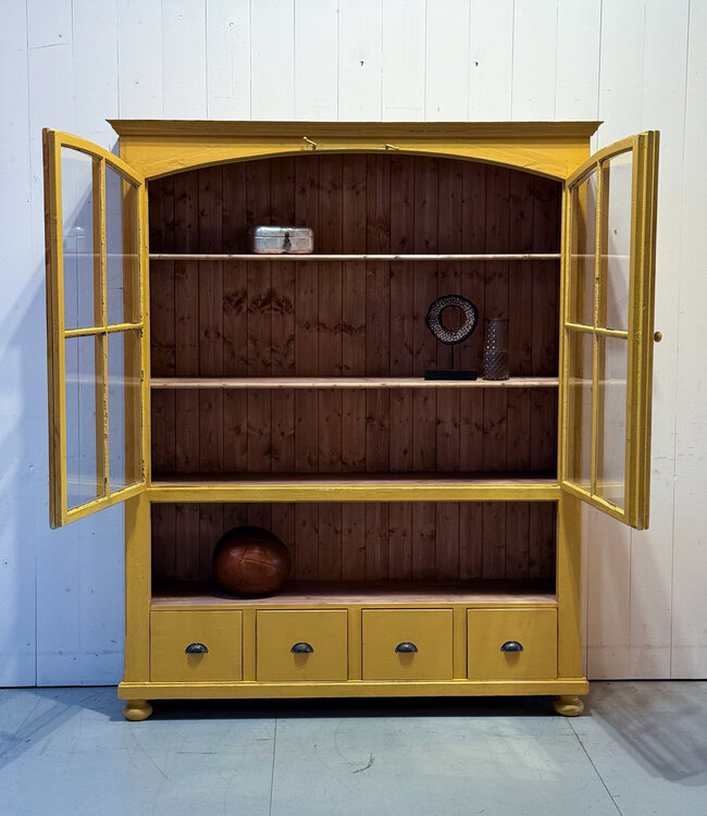 Yellow vintage wooden display cabinet