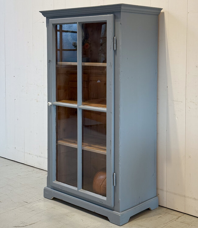 Gray vintage wooden display cabinet with old glass