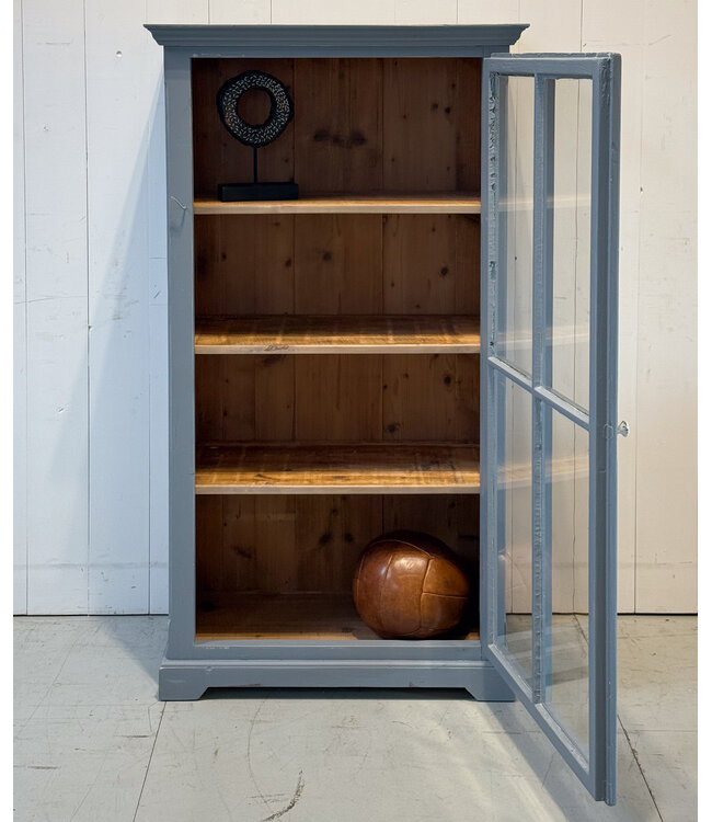 Gray vintage wooden display cabinet with old glass