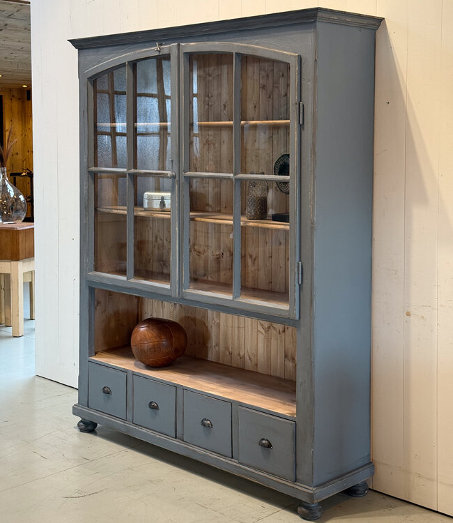 Vintage gray display cabinet with old glass | Sideboard