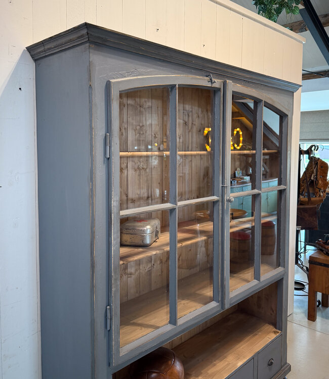 Vintage gray display cabinet with old glass | Sideboard