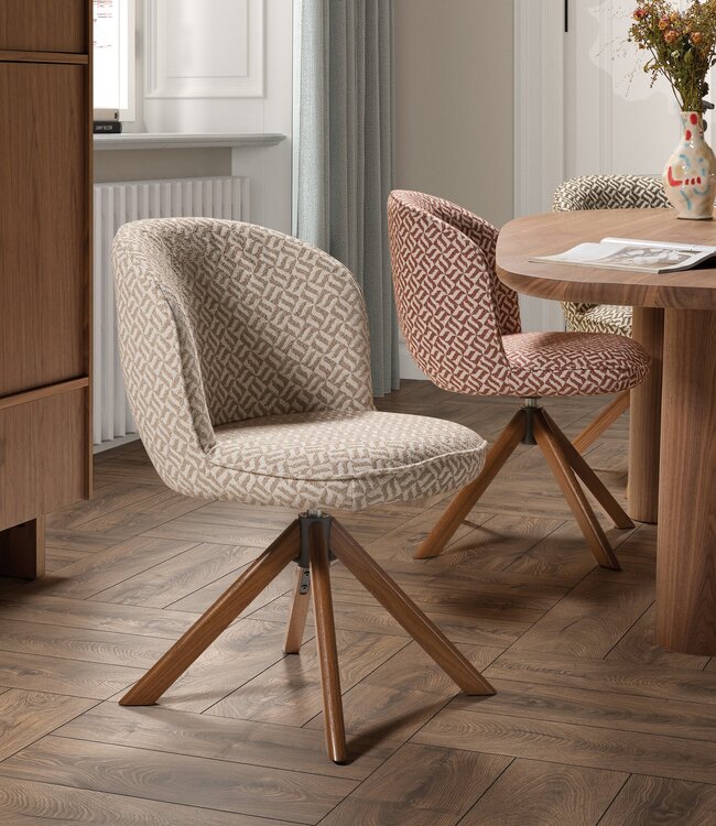 Nina Orange dining chair with wooden swivel base