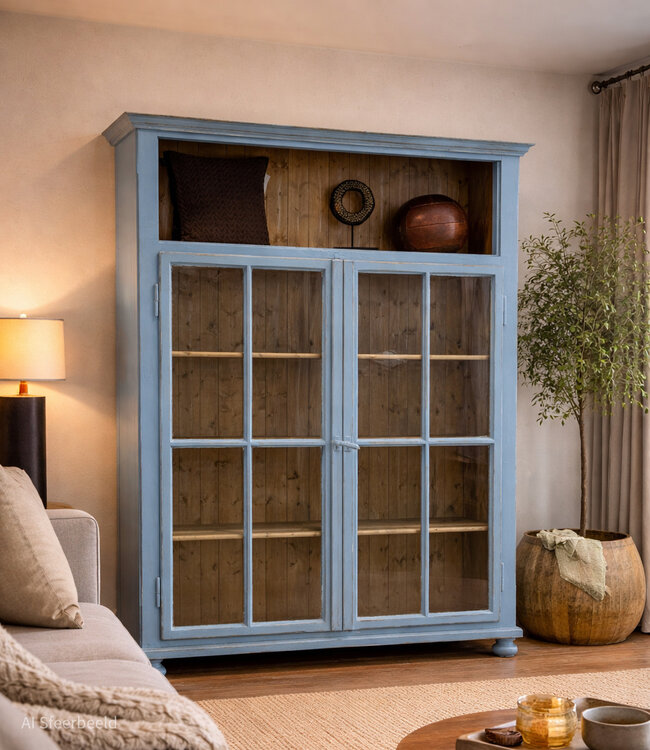 Vintage blauwe vitrinekast