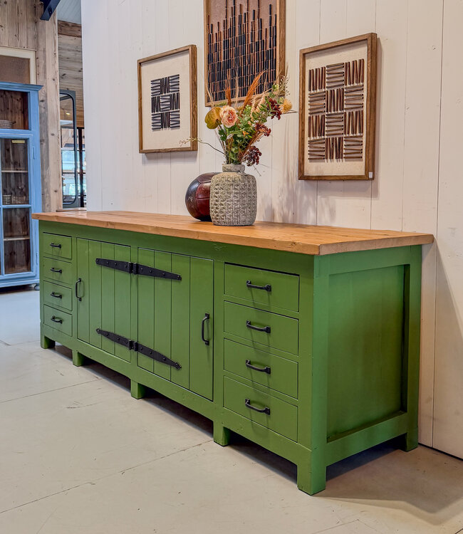 Vintage green wooden workbench