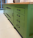 Vintage groene houten werkbank