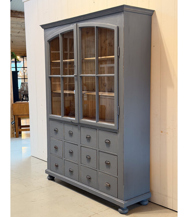 Grey display cabinet with glass doors and 12 drawers | Buffet cabinet