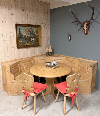 Oldwood Ronde Alpen zithoek | Oostenrijkse eethoek | Ronde bank + tafel en stoelen