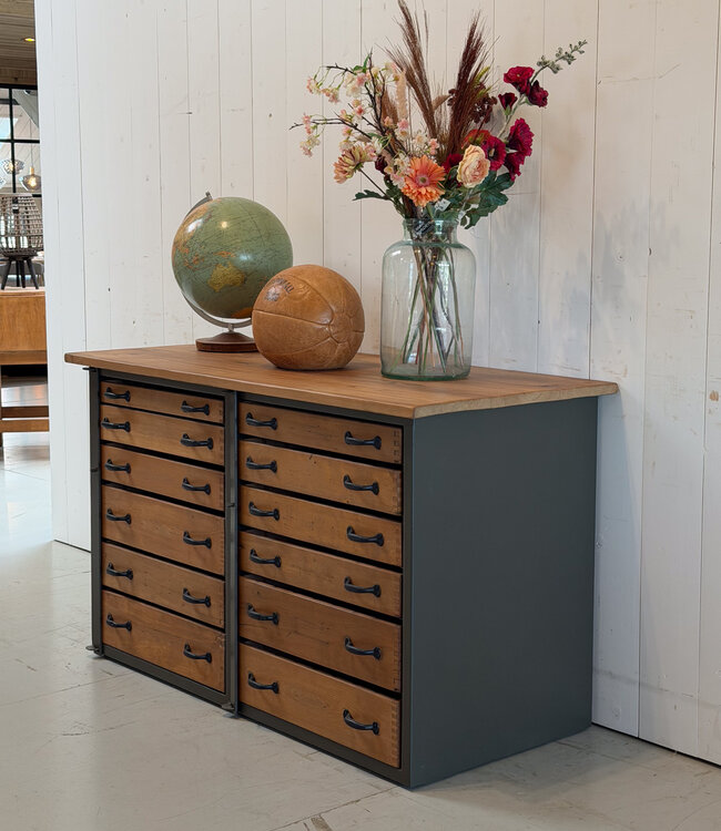 Vintage wood and steel sideboard with drawers