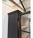 Schwarzer, antiker Holzvitrinenschrank mit altem Glas