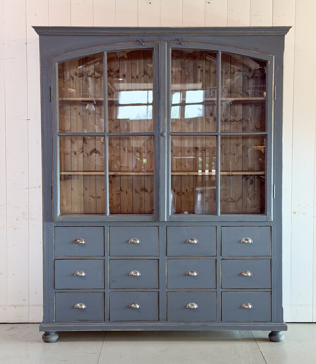 Vintage grey buffet cabinet with old glass | Display cabinet