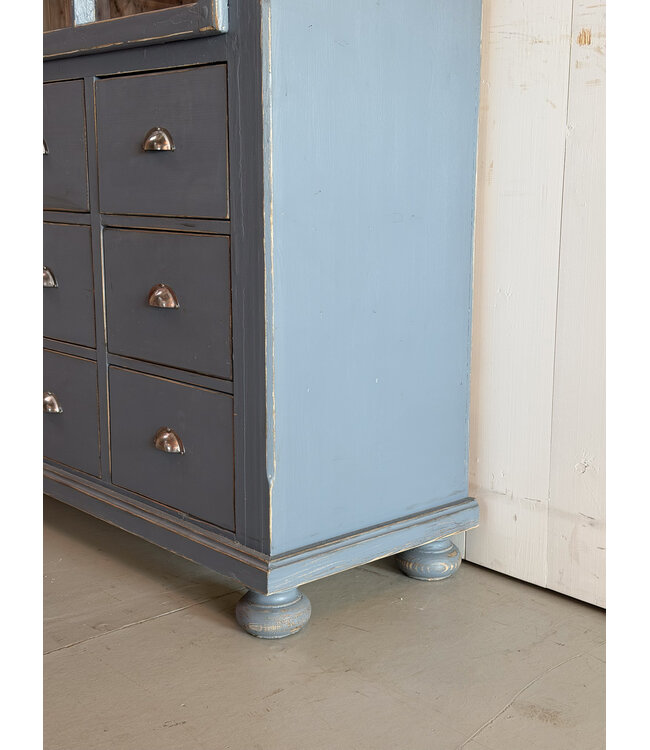 Vintage grey buffet cabinet with old glass | Display cabinet