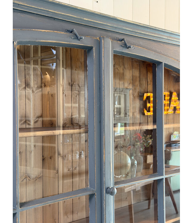 Vintage grey buffet cabinet with old glass | Display cabinet