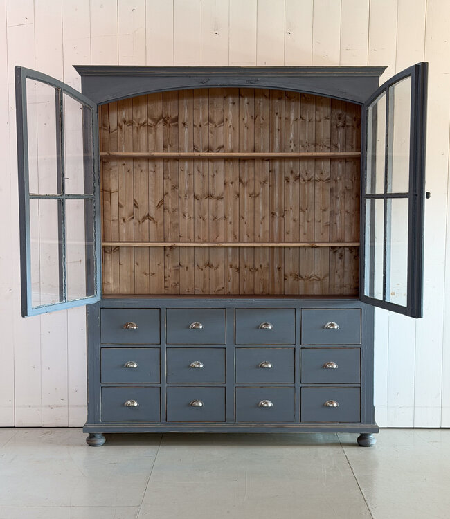 Vintage grey buffet cabinet with old glass | Display cabinet