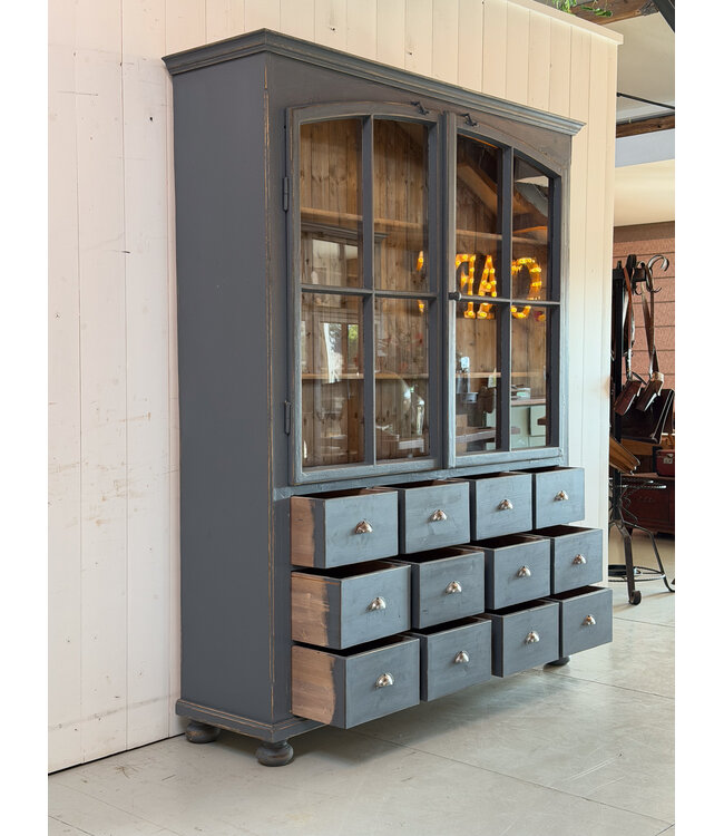 Vintage grey buffet cabinet with old glass | Display cabinet