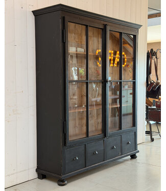 Oldwood Vintage black wooden buffet cabinet with old glass