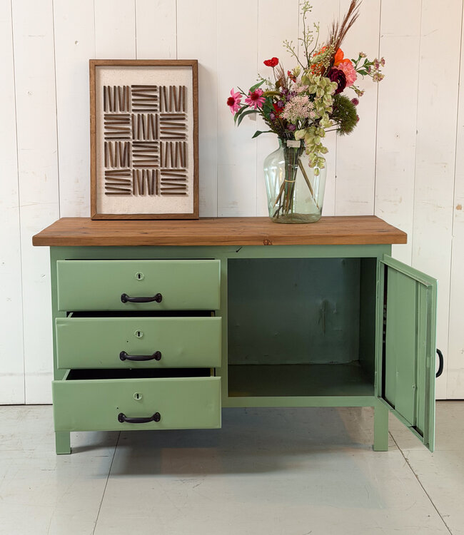 Green workbench with door and drawers