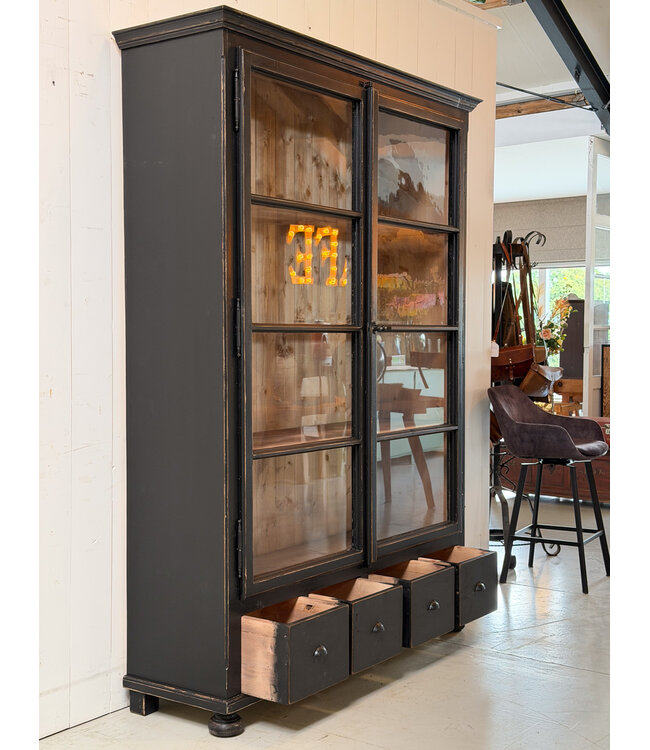 Black vintage wooden display cabinet with old glass