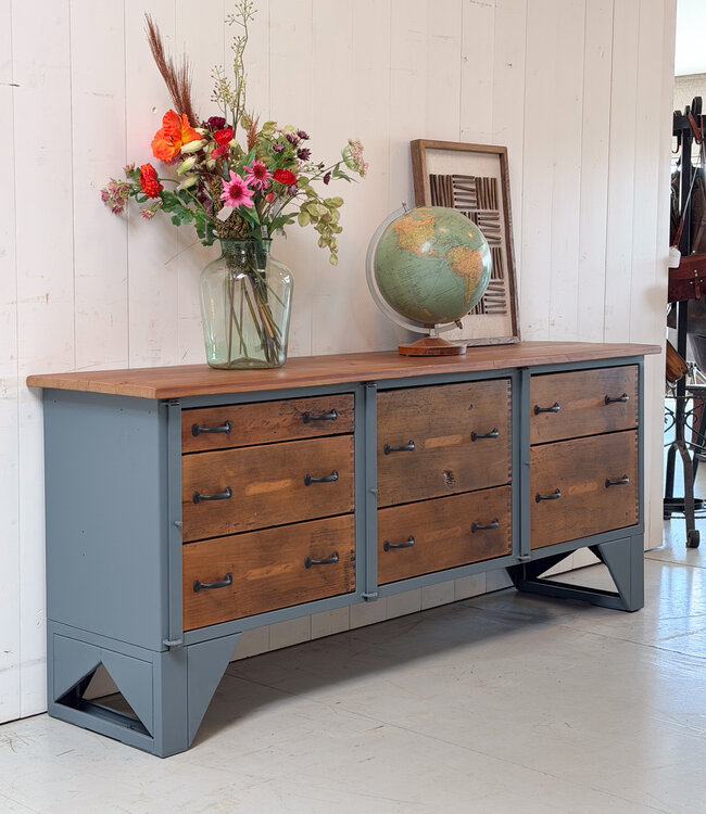 Vintage wood and steel sideboard with drawers