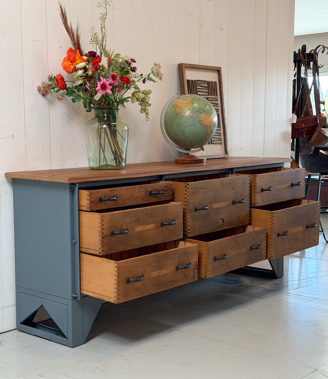 Vintage wood and steel sideboard with drawers