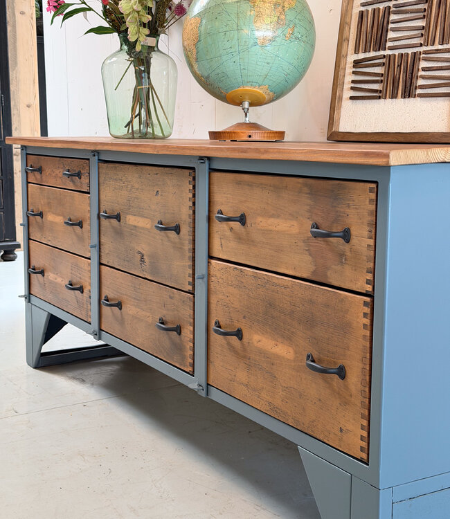 Vintage wood and steel sideboard with drawers