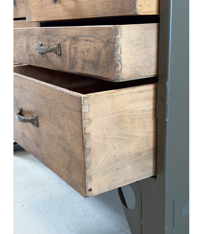 Vintage wood and steel workbench with drawers