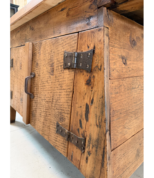 Vintage wooden workbench with doors