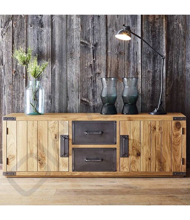 Solid oak TV cabinet with metal drawers