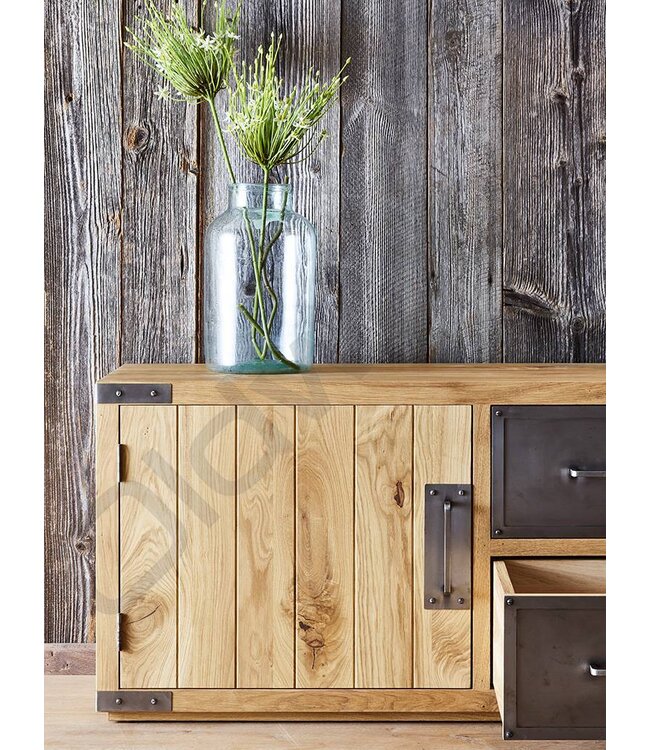 Solid oak TV cabinet with metal drawers