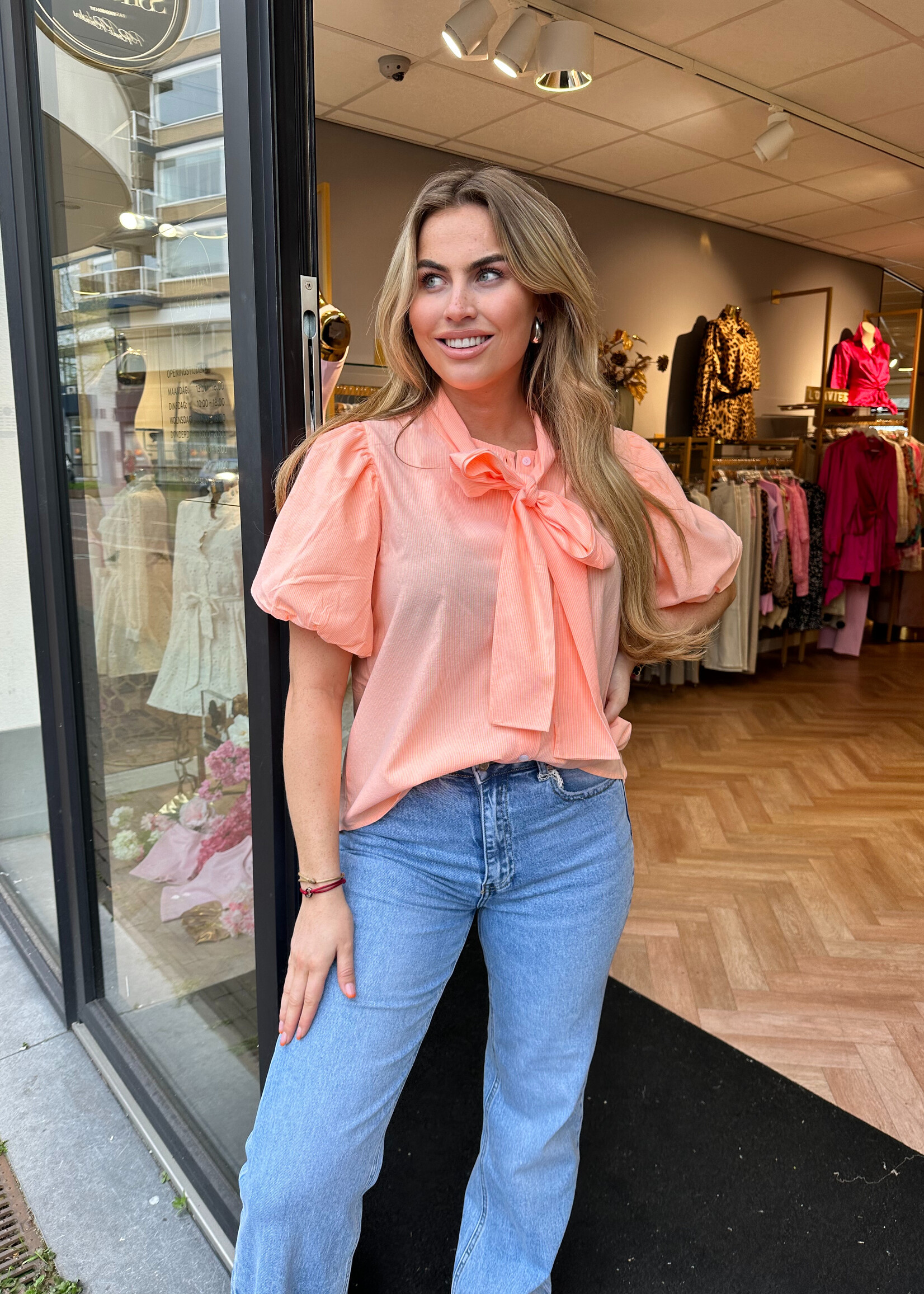 Gestreepte Blouse Pofmouw Oranje | Mia