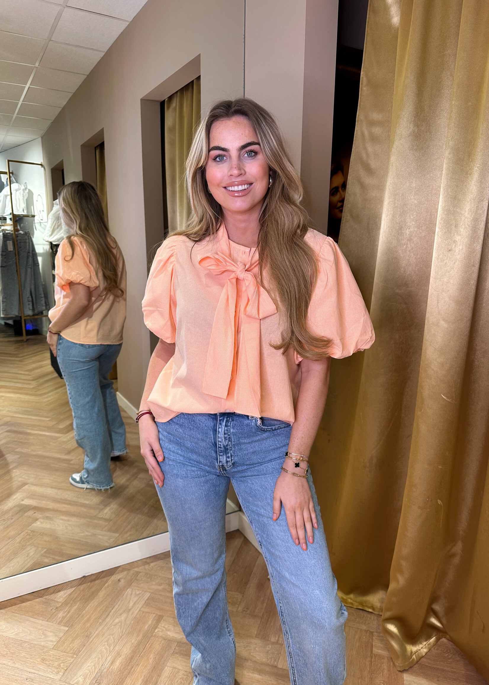 Gestreepte Blouse Pofmouw Oranje | Mia