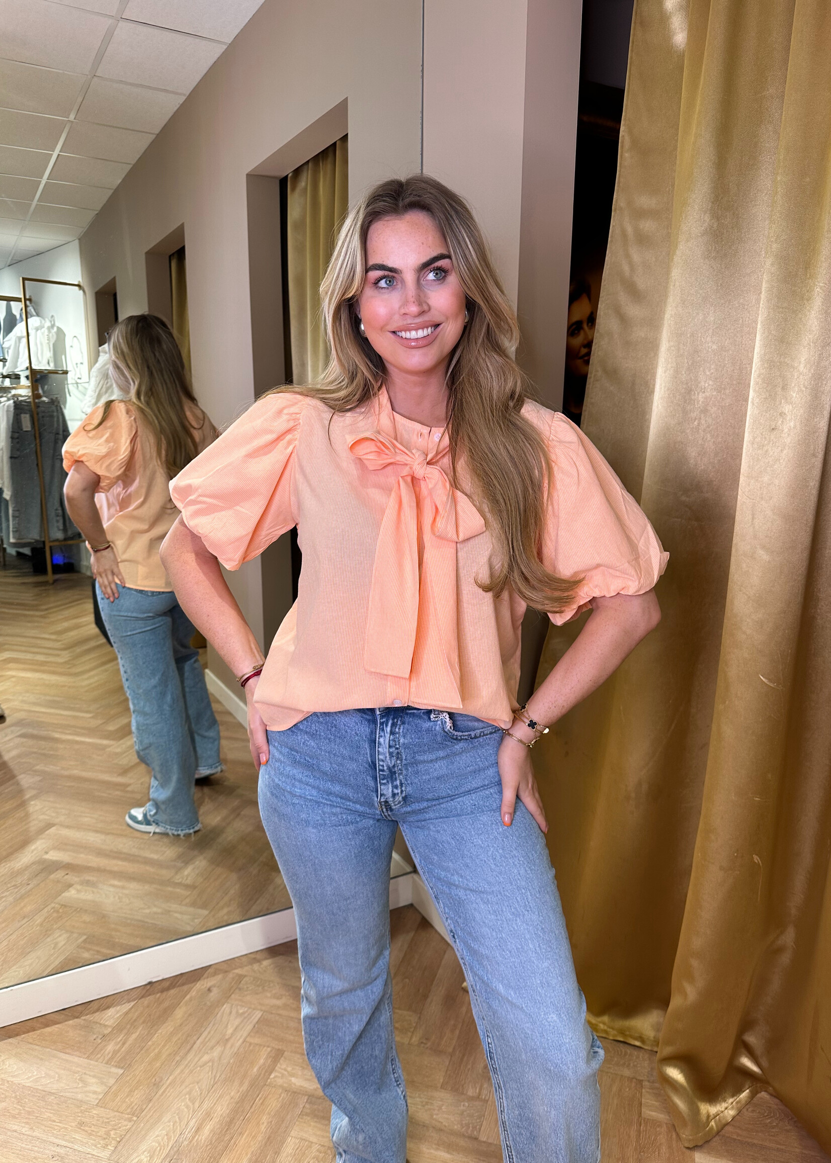 Gestreepte Blouse Pofmouw Oranje | Mia