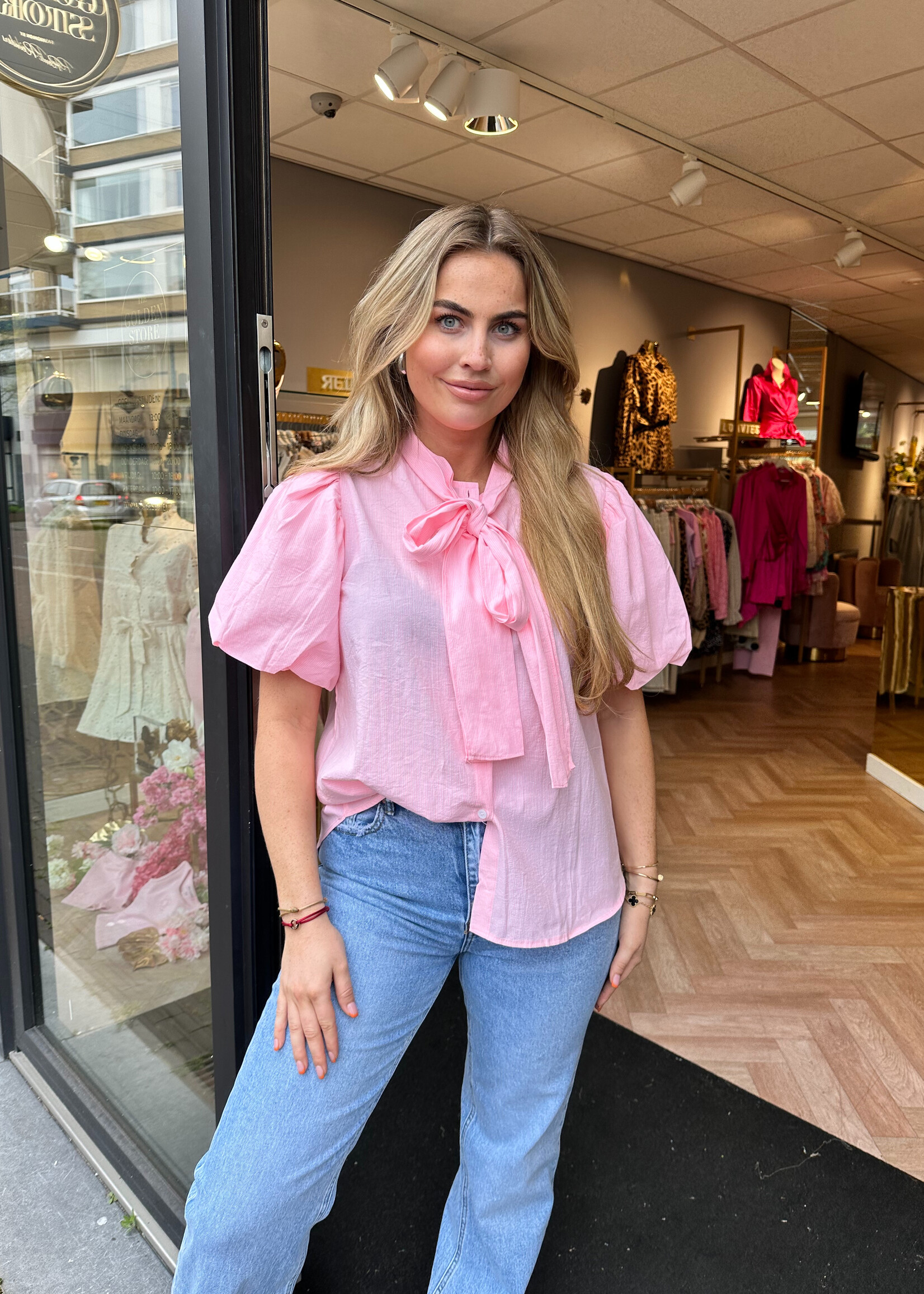 Gestreepte Blouse Pofmouw Roze | Mia