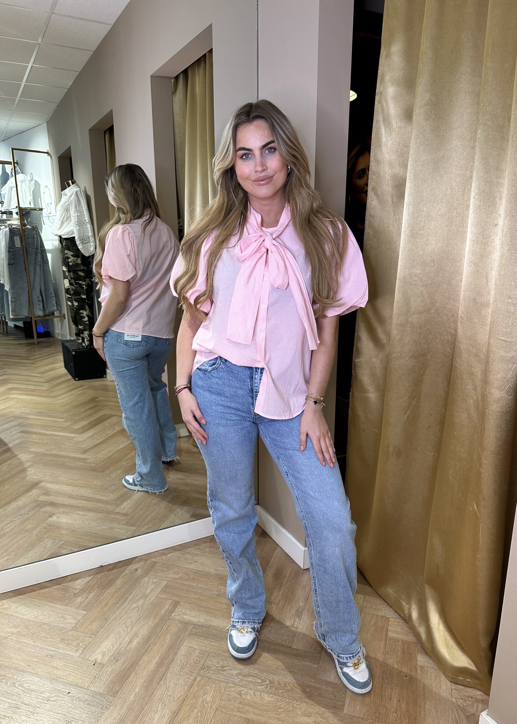 Gestreepte Blouse Pofmouw Roze | Mia