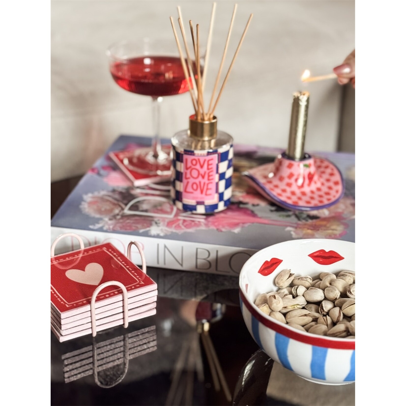 Homebound Set van 6 onderzetters met rekje tekst love