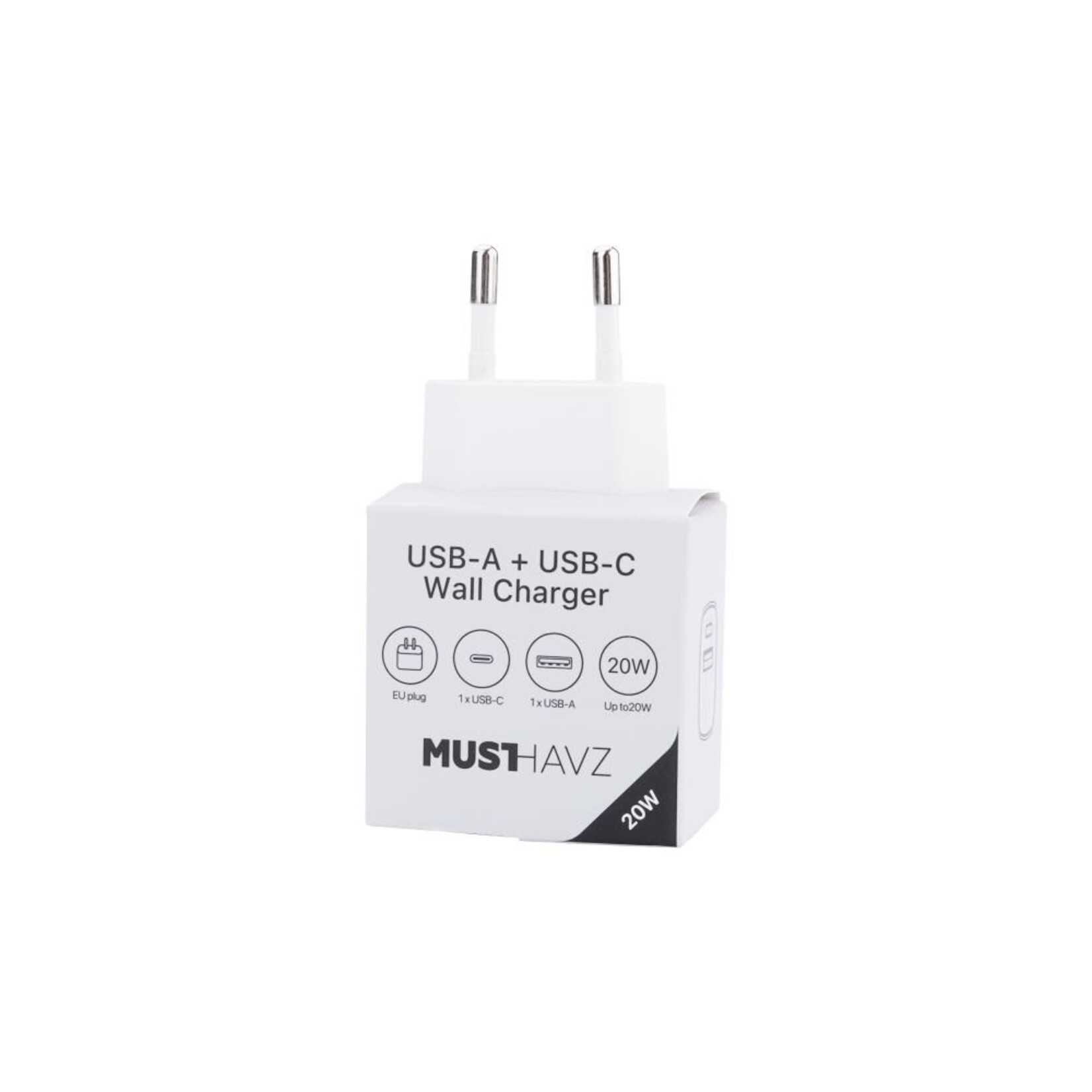 Musthavz 2 Port PD Charger USB-A + USB-C 20W, white