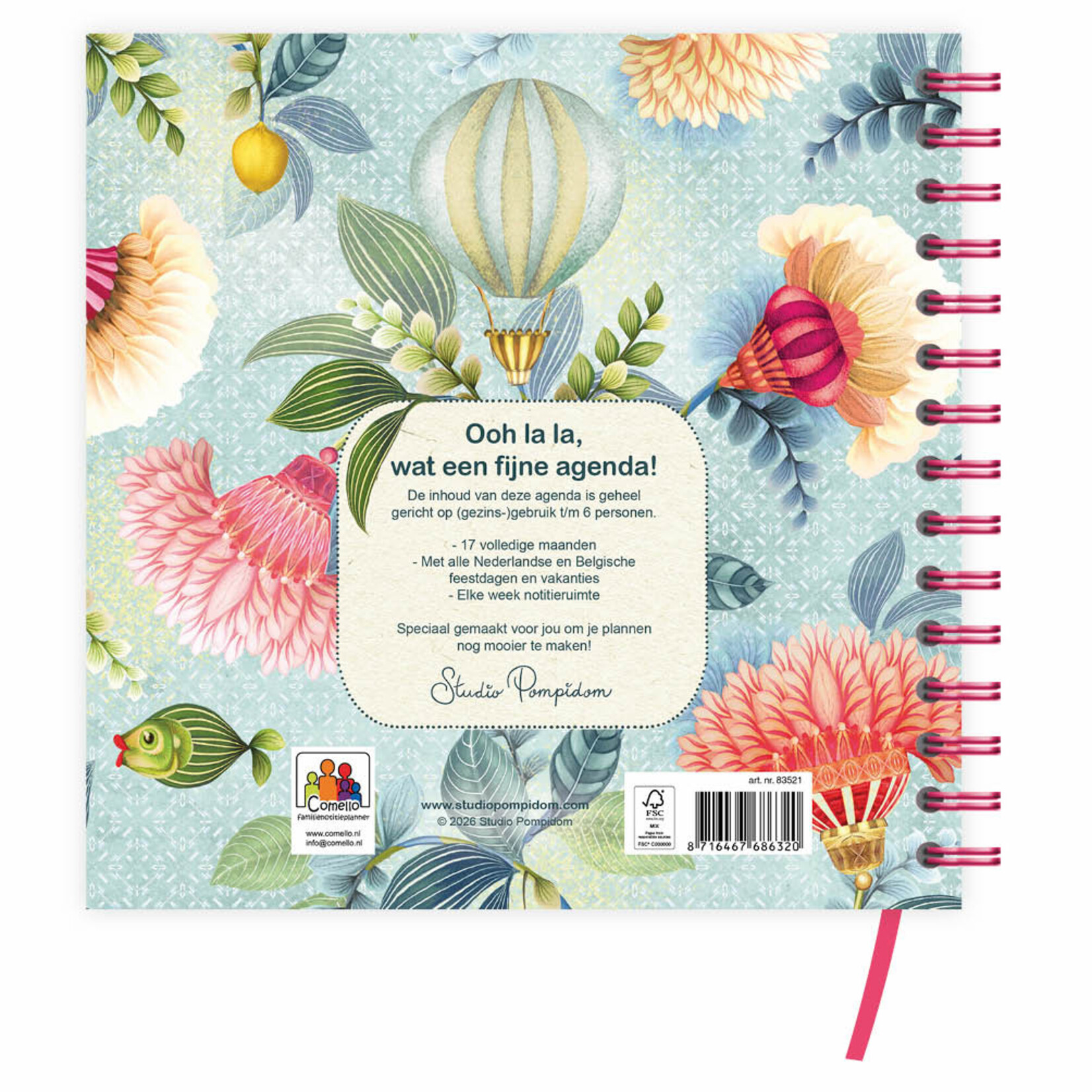 Studio Pompidom 17-maands Familienotitie- agenda 6-pers. (harde kaft) Floral Balloon 2027