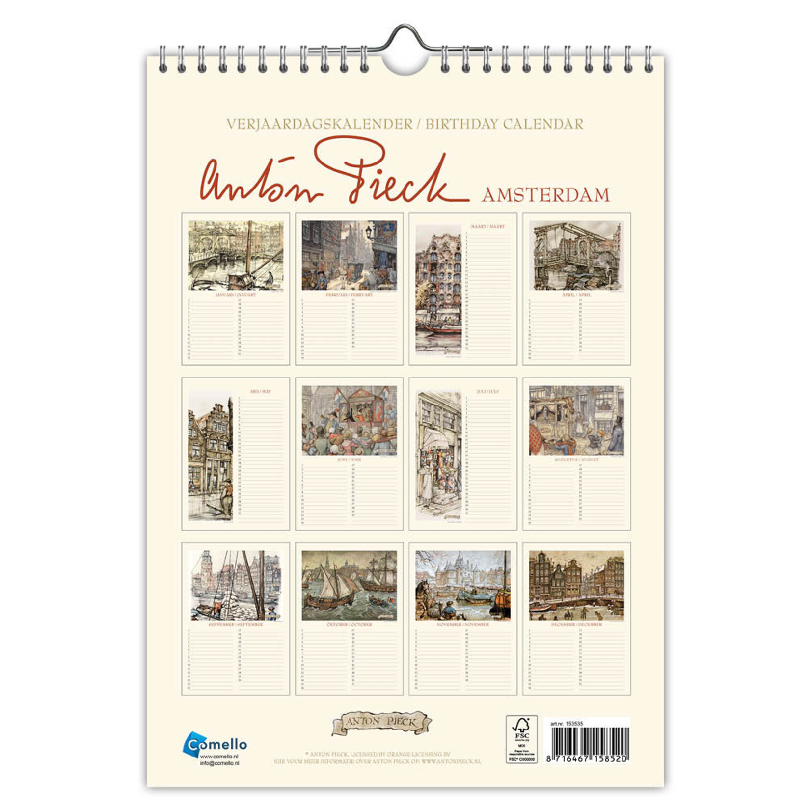 Anton Pieck Amsterdam verjaardagskalender A4