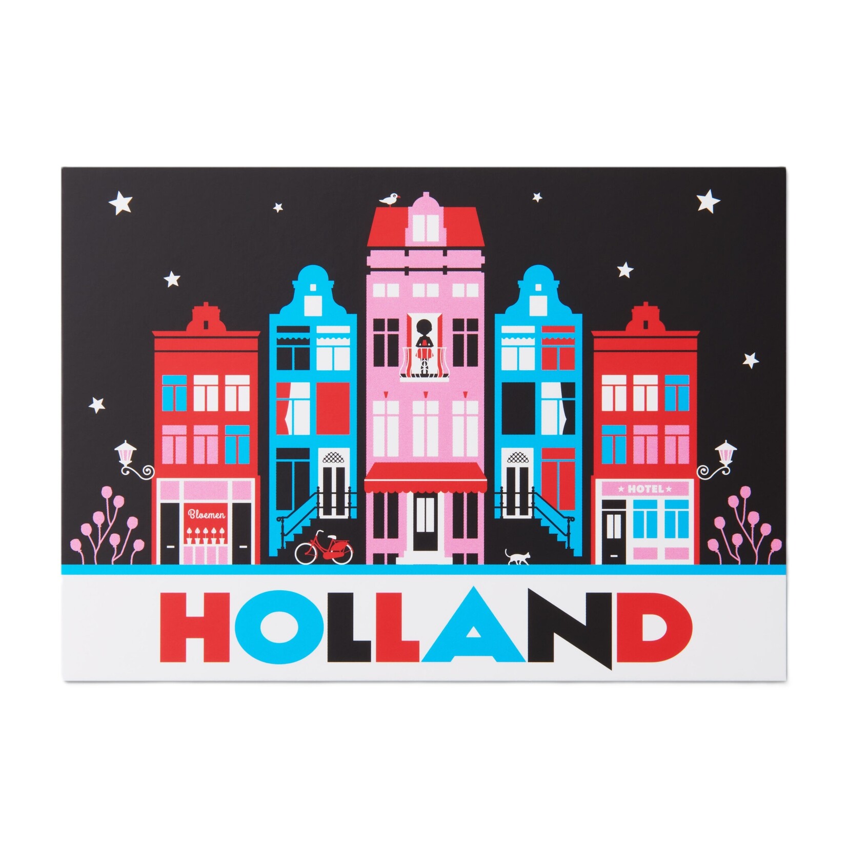 A6 postcard Holland Canal Houses Redlight Night