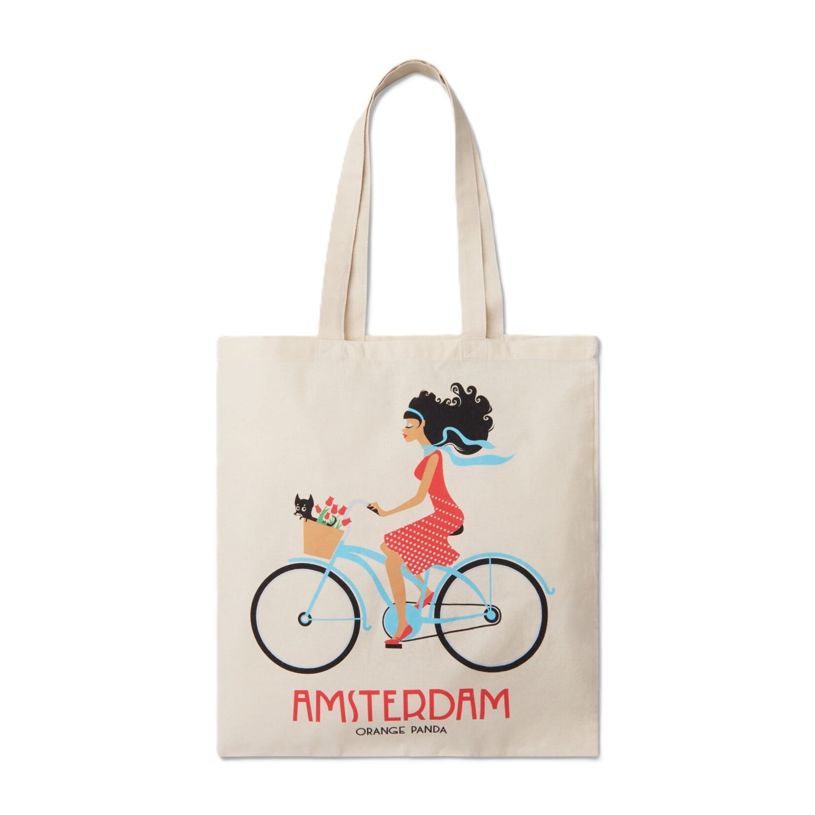 canvas bag Amsterdam bike girl with dog and tulips printed on 2 sides