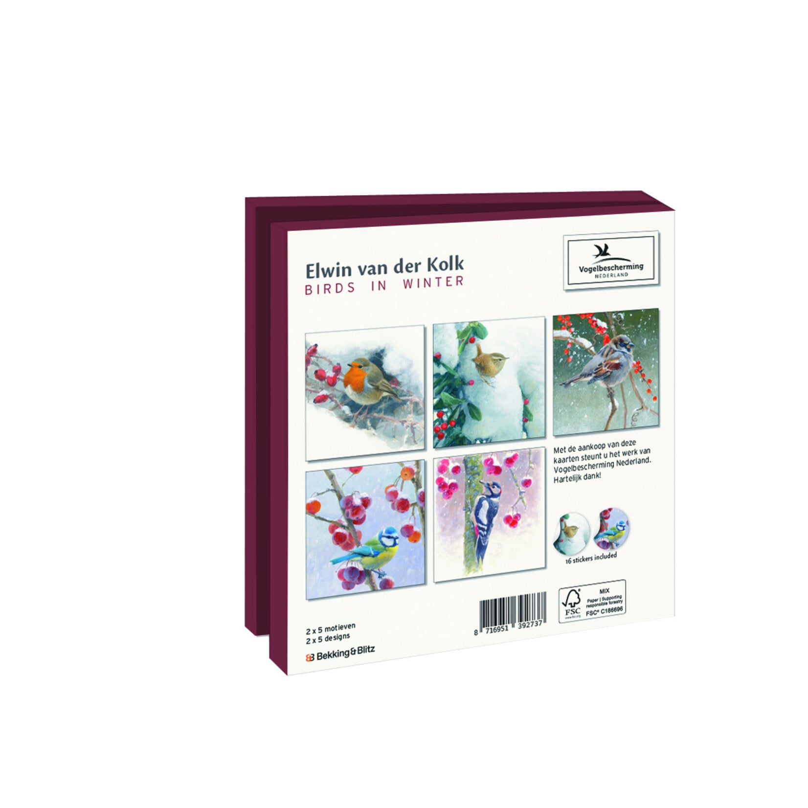 Kaartenmapje met env, vierkant: Birds in winter, Elwin van der Kolk, Vogelbescherming