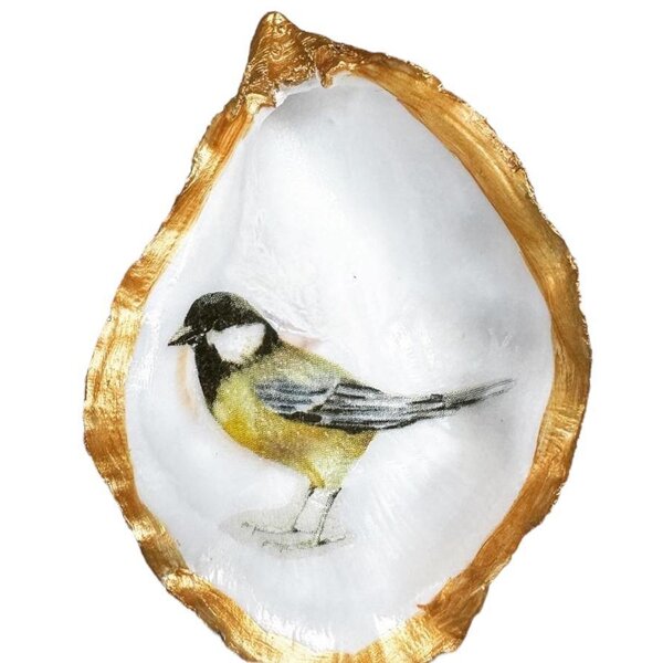 Hand-decorated golden oyster with great tit